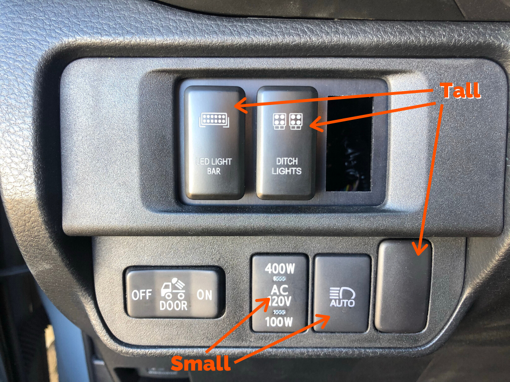 Installed comparison showing short vs tall switches - Cali Raised LEDToyota OEM Style 